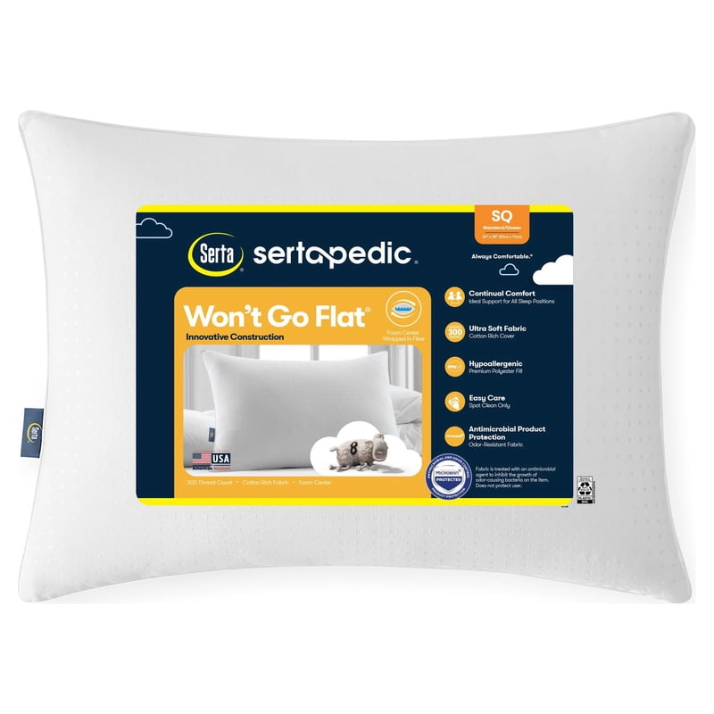 (4 Pack) Sertapedic Won't Go Flat Pillow - Standard/Queen, Hypoallergenic, Supportive Sleep Support