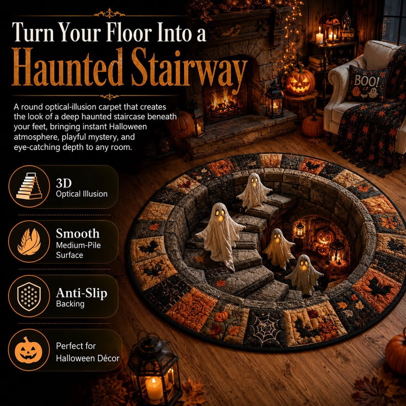 Halloween Staircase Optical Illusion Round Rug - Spooky 3D Floor Mat with Ghosts & Pumpkins - Variation A