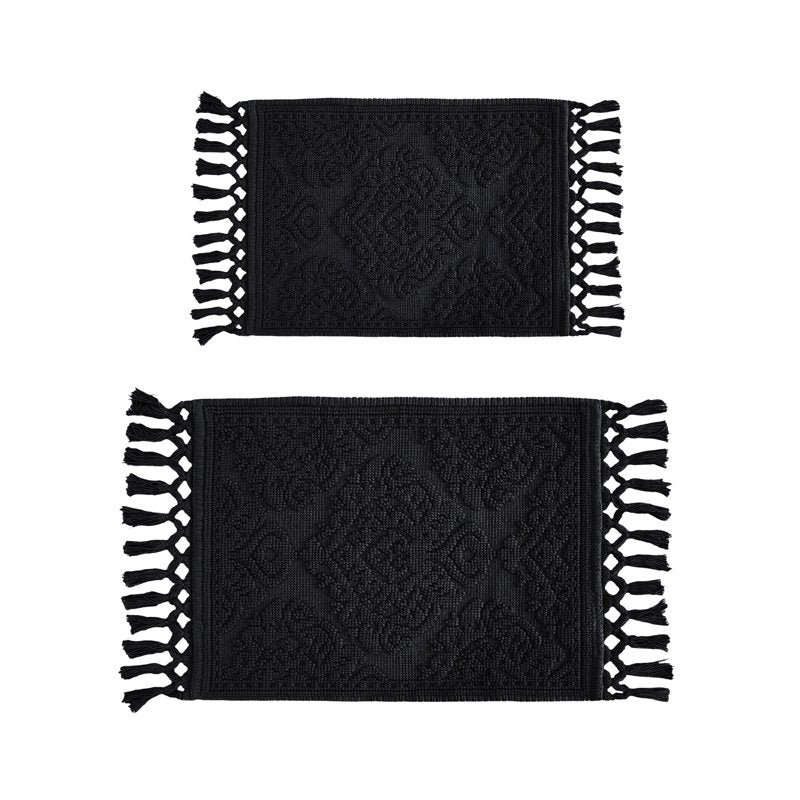 Jean Pierre Cotton Fringe Bath Rug Set - Black, 17 x 24 & 21 x 34 Inches