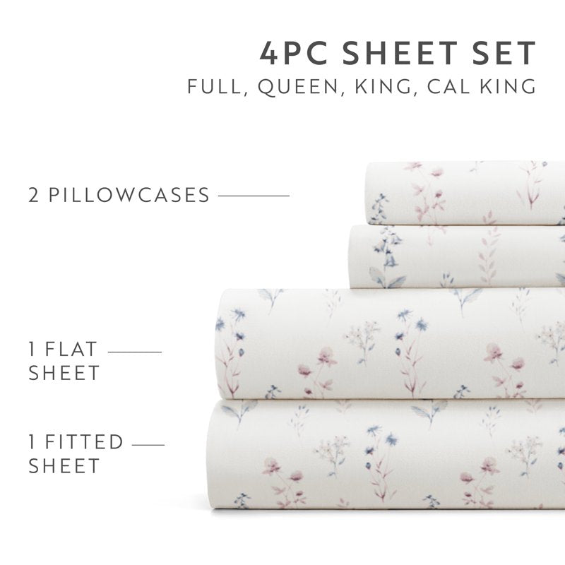 King Microfiber Bed Sheets Set - Patterned Ivory Painted Meadow 4 Piece