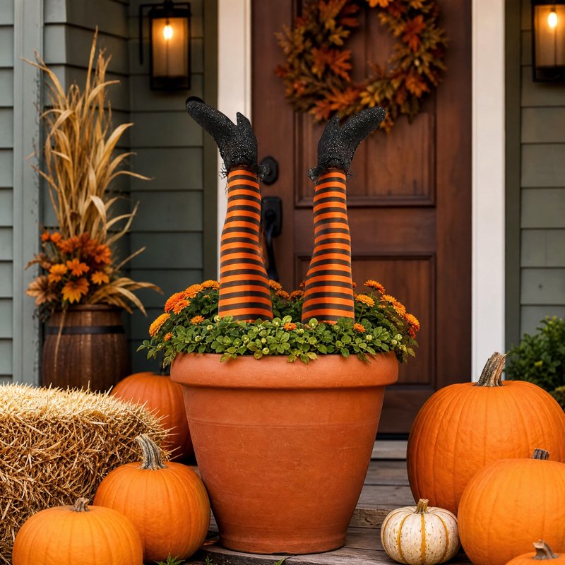 Halloween Witch Leg Yard Stakes with Glitter Shoes & Striped Stockings - Orange Variation