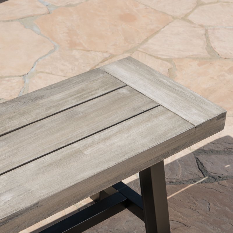 Outdoor Acacia Wood Bench - Sandblasted Light Gray/Black Rustic Metal