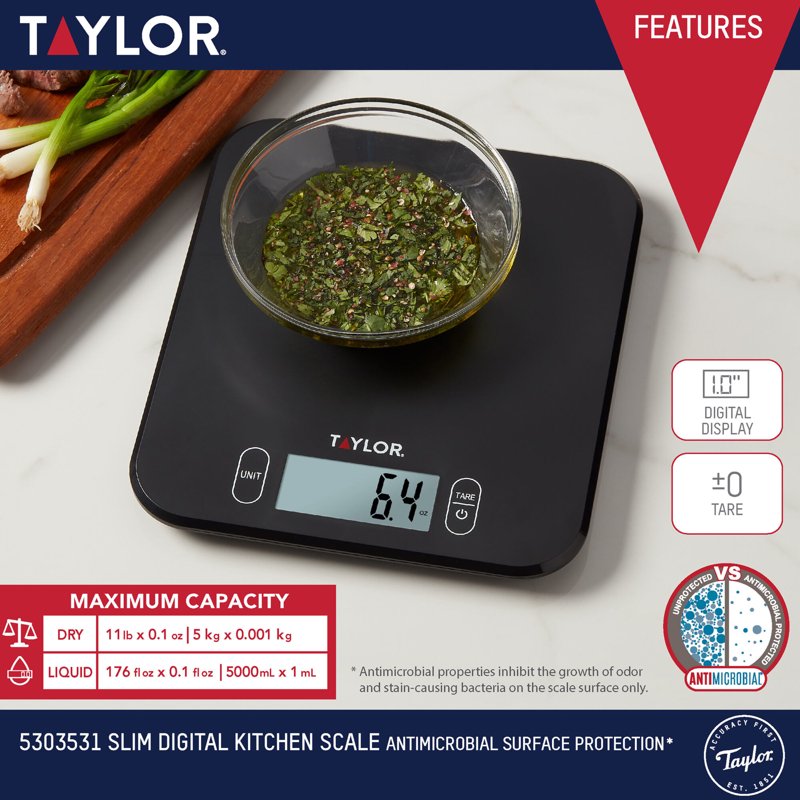 Antimicrobial Kitchen Scale - 11 lb Capacity, Black