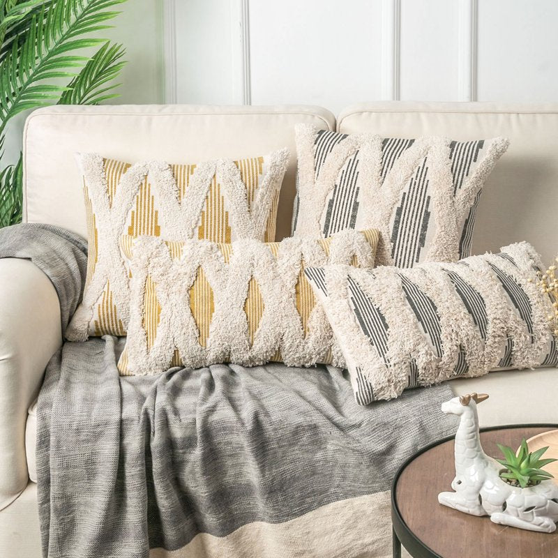 Boho Woven Cross Tufted Throw Pillow Cover - 18x18, Gray & Beige, Geometry Variation