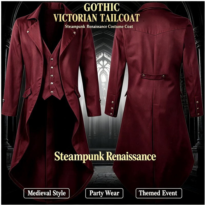 Men's Gothic Tailcoat Jacket Vintage Steampunk Pirate Costume S-Wine 4XL