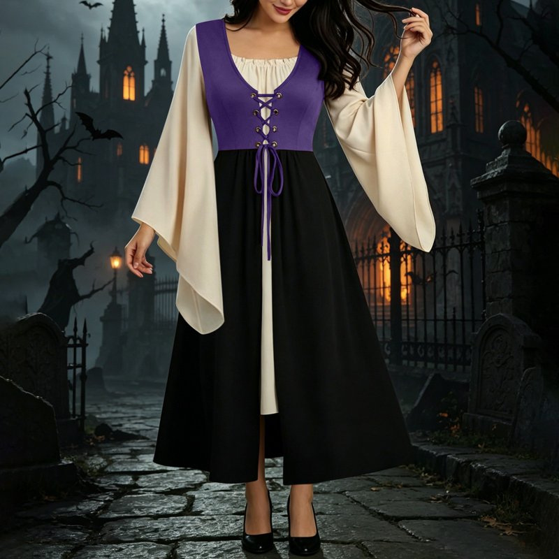 Women's Renaissance Medieval Costume Dress with Bell Sleeves - Purple Halloween Steampunk Dress, Size L
