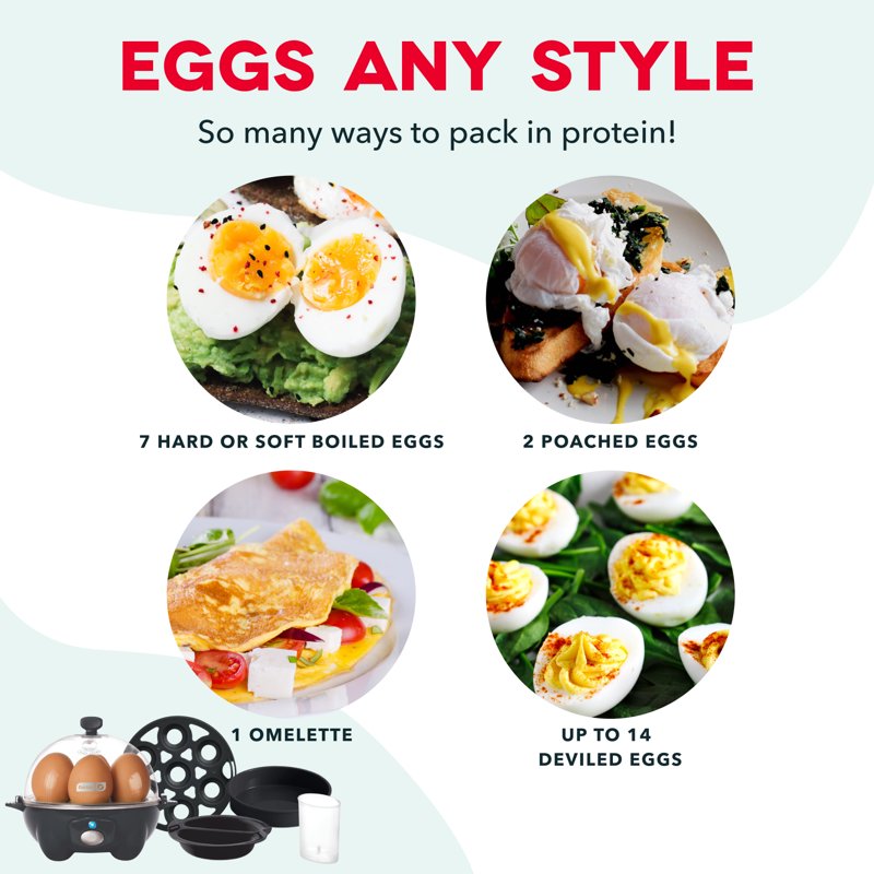 Rapid Egg Cooker - 7 Egg Capacity, Boiled & Poached - Black