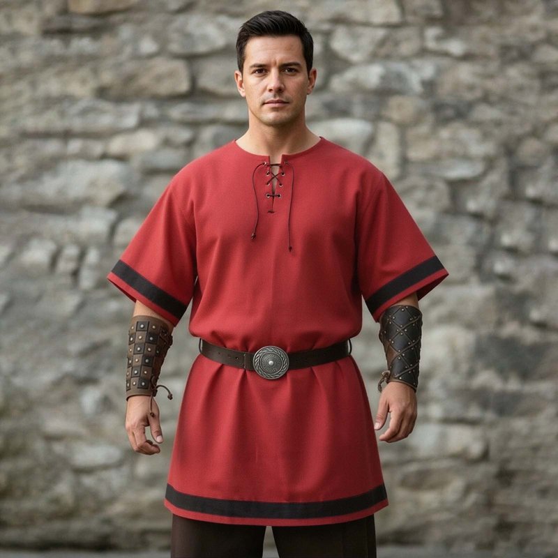 Men's Medieval Knight Viking Surcoat Costume L - Red, Short Sleeve Halloween Cosplay