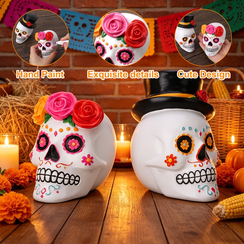 Resin Day of the Dead Skull Couple Figurines Halloween Decor Black White