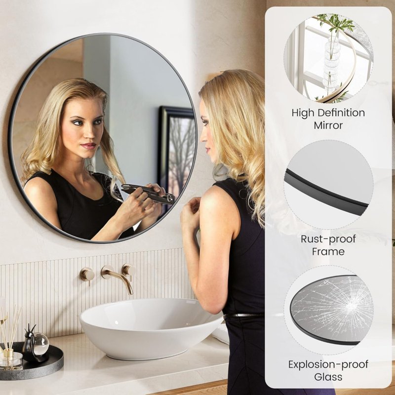30-Inch Round Bathroom Wall Mirror - Modern Vanity Mirror with Black Frame, Variations Include 30" x 30"