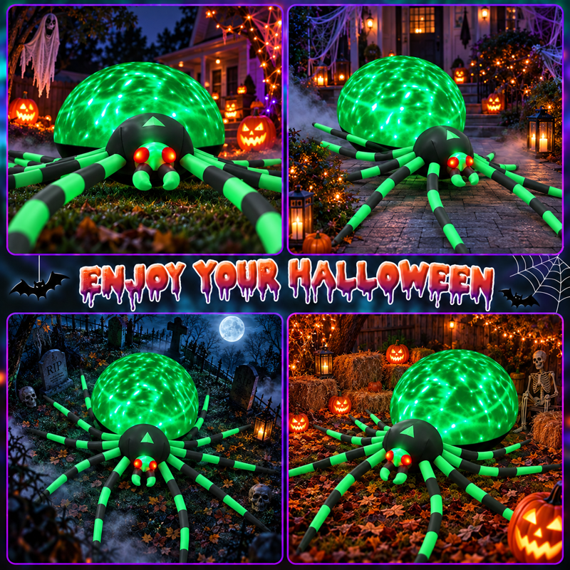 8FT Green Halloween Inflatable Giant Spider with Disco Lights for Yard Decor