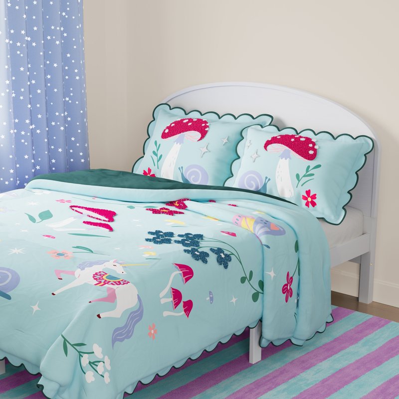 Full/Queen Fairy Garden Comforter Set - Textured Unicorn & Mushrooms Kids Bedding