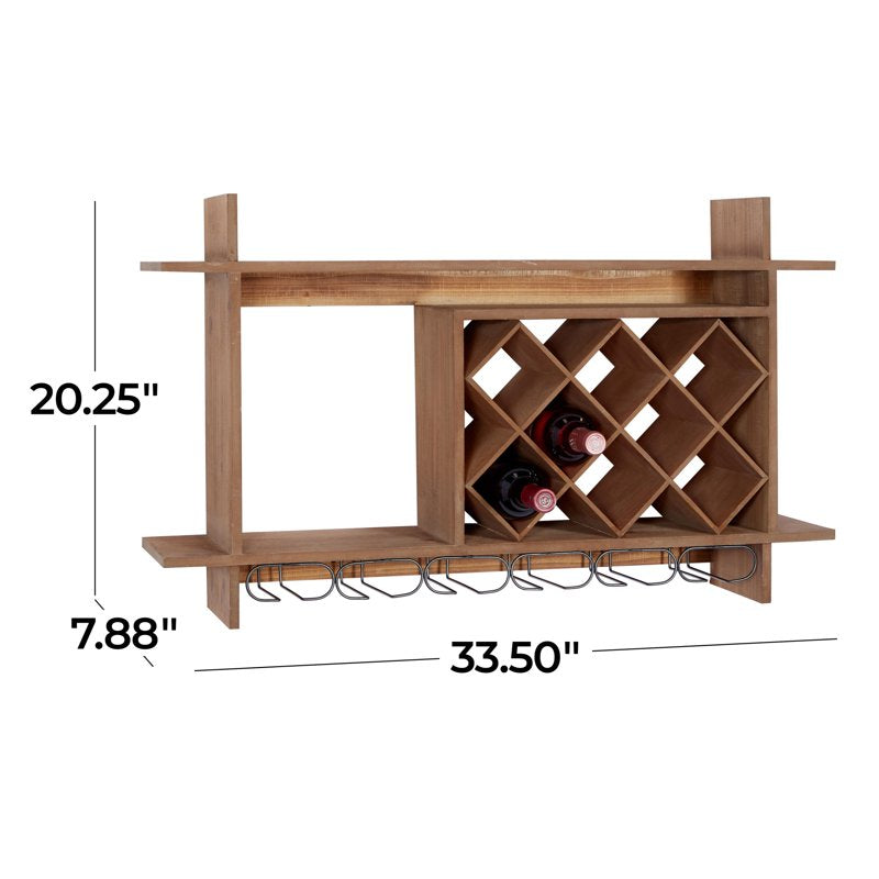 34" Brown Wood Geometric 8-Bottle Wall Wine Rack with Glass Holder