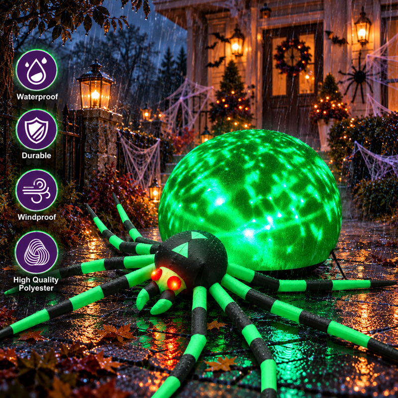 8FT Green Halloween Inflatable Giant Spider with Disco Lights for Yard Decor