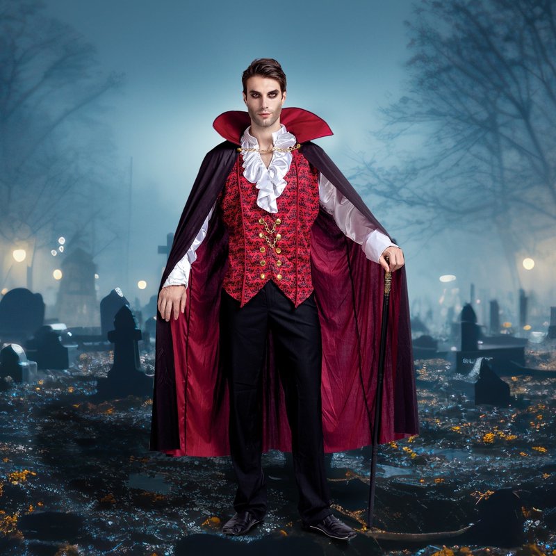 Adult Vampire Costume Set with Cape and Vest - Red, Large Halloween Fancy Dress