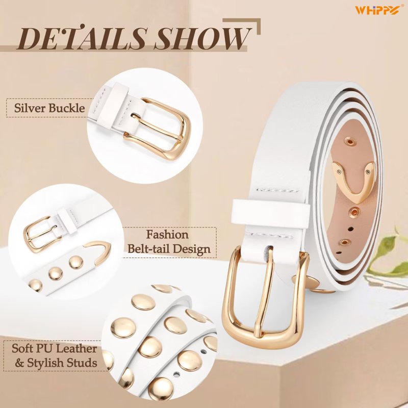 Women's Leather Belt for Jeans & Dresses - Studded PU Retro Waist Accessory - White, Fits 32-36"