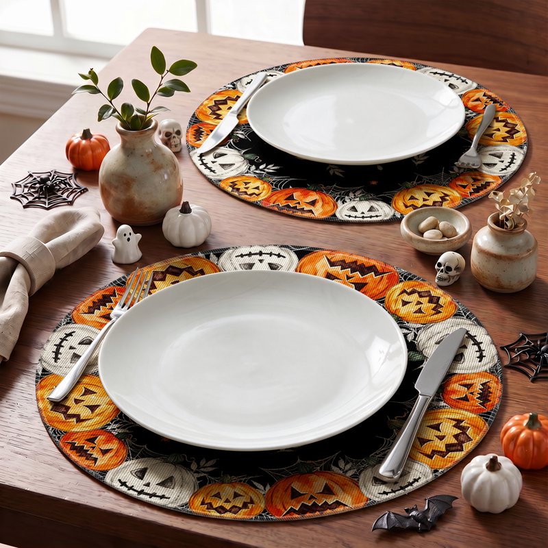 Halloween Placemats Set of 4 - Jack-O'-Lantern Spider Web Round 15 Inch Black G