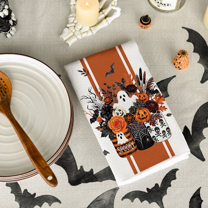 Halloween Dish Towels Set of 4 - Orange Pumpkin Ghost Bat Seasonal Kitchen Hand Towels 18x26 D