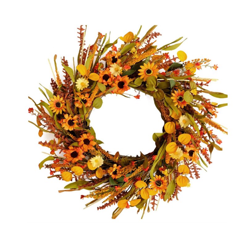 Fall Sunflower Dried Grass Wreath for Front Door Wall Decor, Harvest Garland - 17.7in
