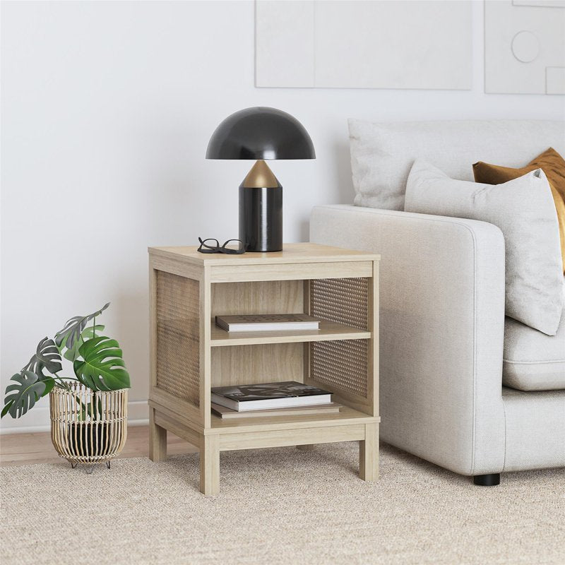 Cane Side Table with Open Shelves - Boho Chic Design