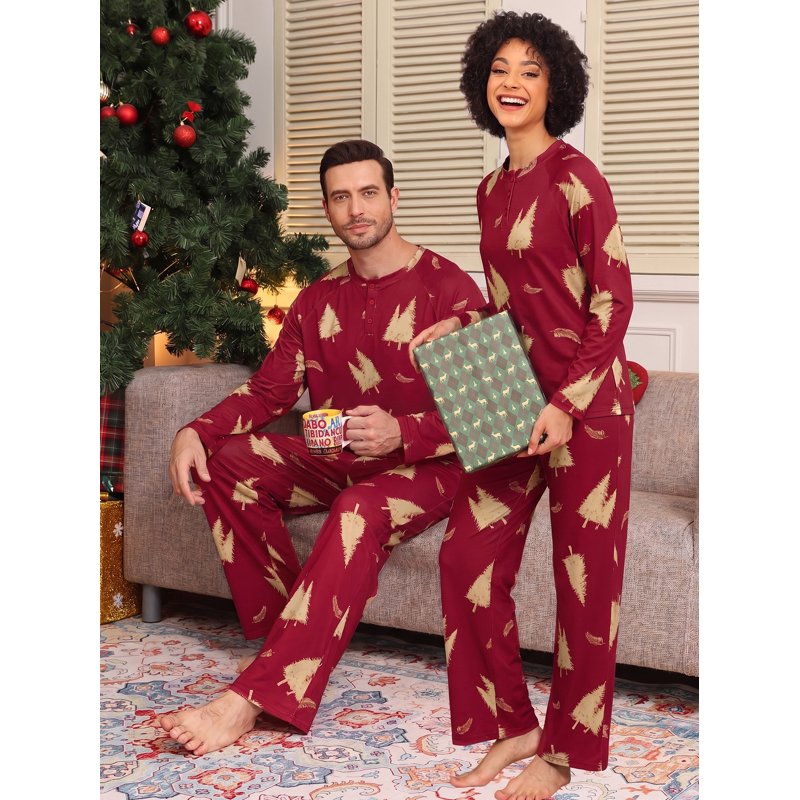 Christmas Red Pajama Set for Couples Women Men Soft Sleepwear with Pockets - L