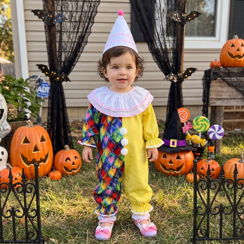 Kids Toddler Baby Clown Costume Jumpsuit & Hat Set - Yellow White, 6-12 Months