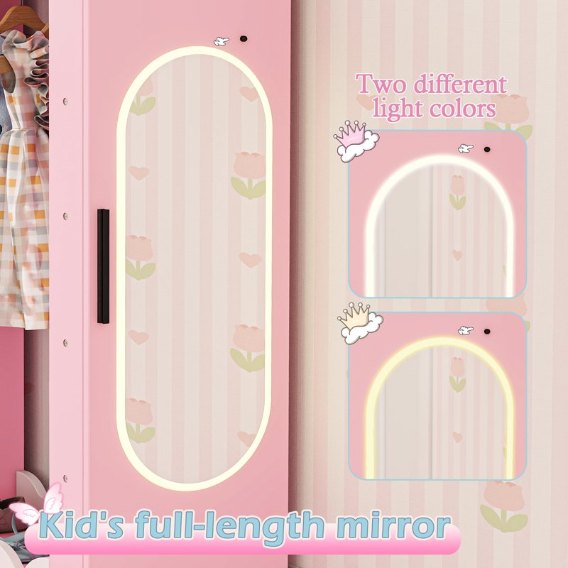 Kids Armoire with Mirror - Pink Dress Up Storage & Jewelry Cabinet for Girls