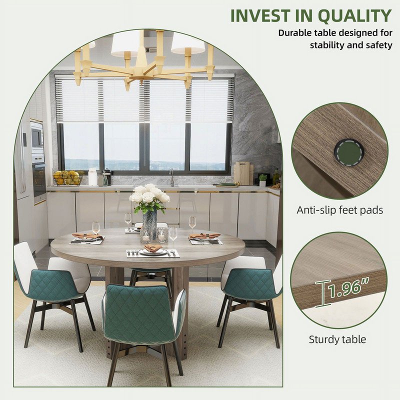 Round Dining Table for 6-8 Guests - Farmhouse Style, Grey Finish