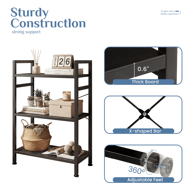 3 Tier Industrial Bookshelf - Freestanding Storage Organizer
