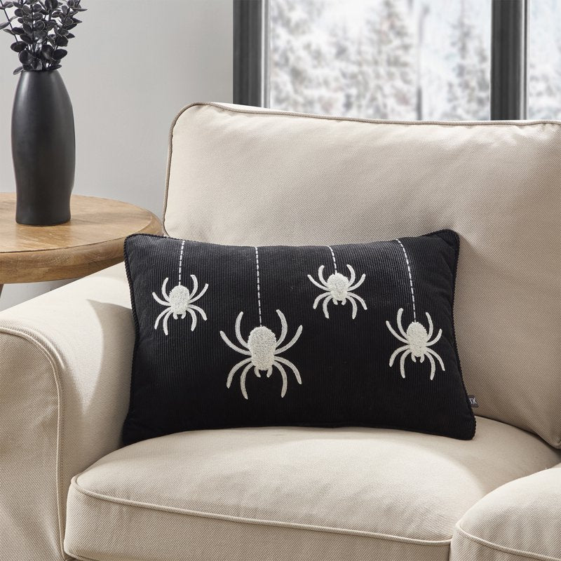 Halloween Hanging Spider Decorative Pillow 14x20 Black Ivory Spooky Accent