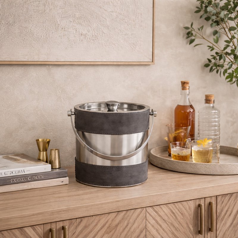 Round Handmade Gray Leather Ice Bucket with Lid - 8" x 7"