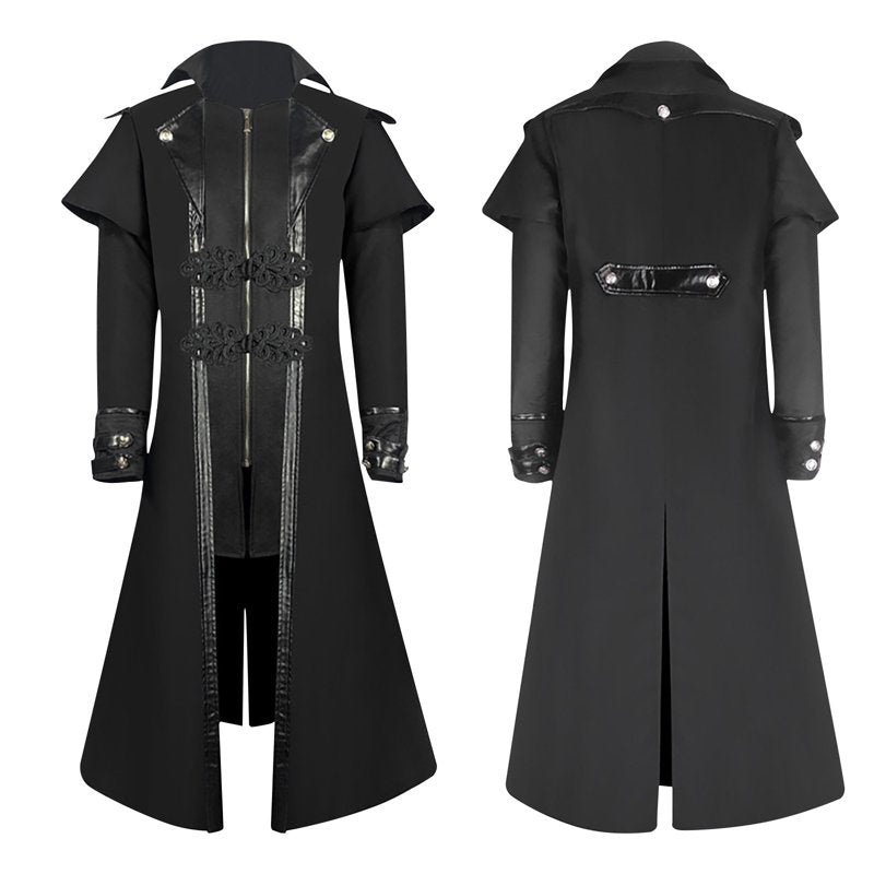 Men's Steampunk Trench Coat 2XL Gothic Vintage Long Overcoat Black