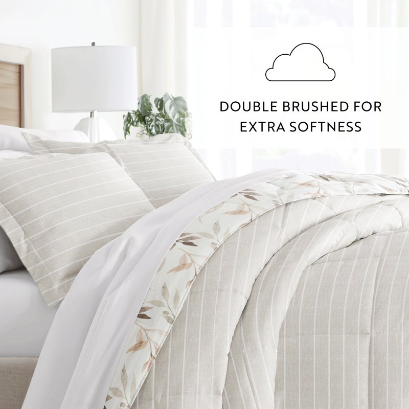 King Down Alternative Foliage Stripe Ivory Reversible Comforter Set - All Season Bedding