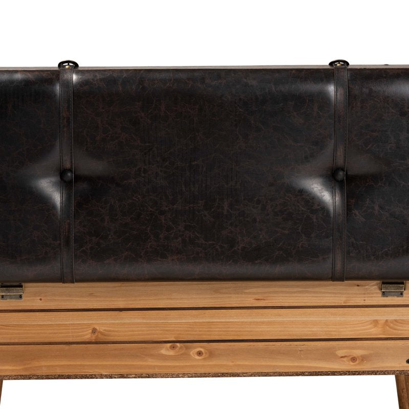 Large Storage Ottoman - Rustic Dark Brown PU Leather & Oak Wood
