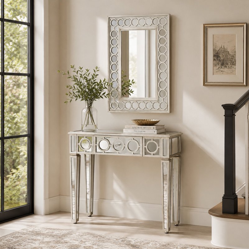 Geometric Silver Mirrored Console Table Set with Drawer - 2 Pieces