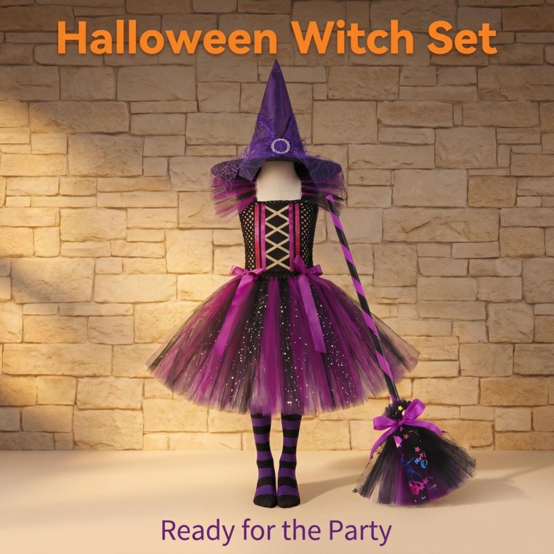 Girls Halloween Witch Costume Dress with Accessories - Purple, 3-4 Years