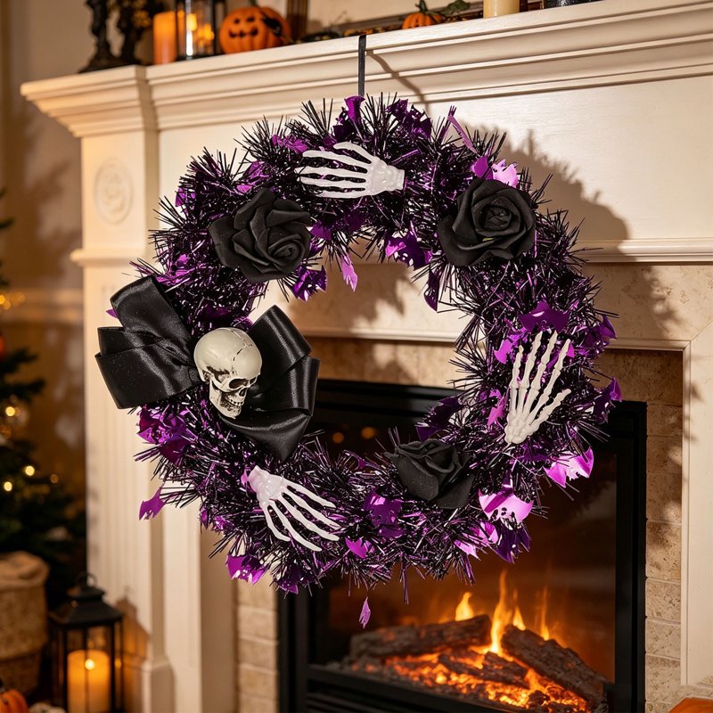 Halloween & Thanksgiving Wreath - Fall Decor with Maple Leaves, Pumpkins & Berries - O-9