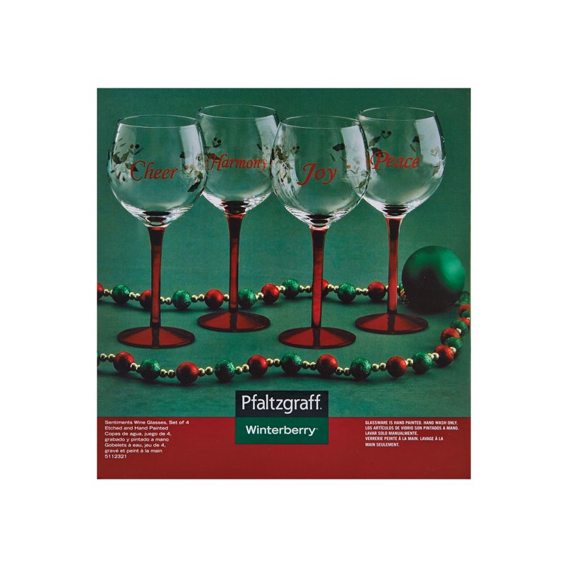 Winterberry Wine Glass Set of 4 with Sentiments - Harmony, Peace, Joy, Cheer