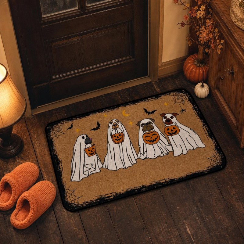 Halloween Door Mat with Cute Dogs in Ghost Costume - Variation 2B