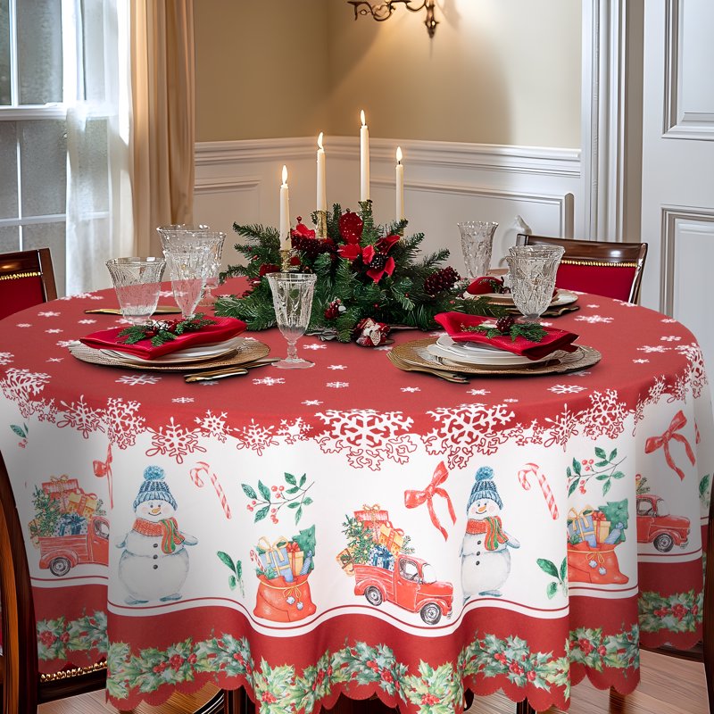 Christmas Tablecloth - 60 Inch Round Red, Machine Washable Polyester