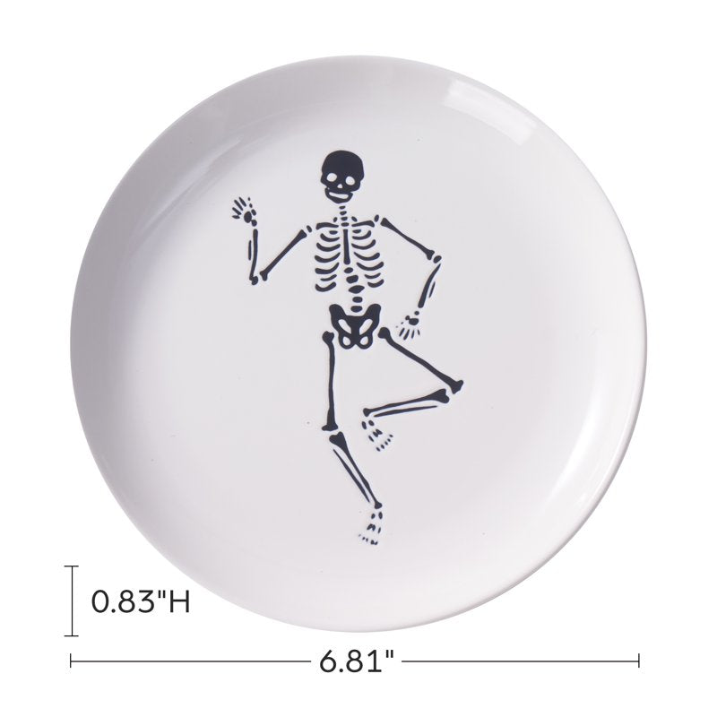 Halloween 4-Pack Ceramic Dancing Skeleton Appetizer Plates - Wax Resist