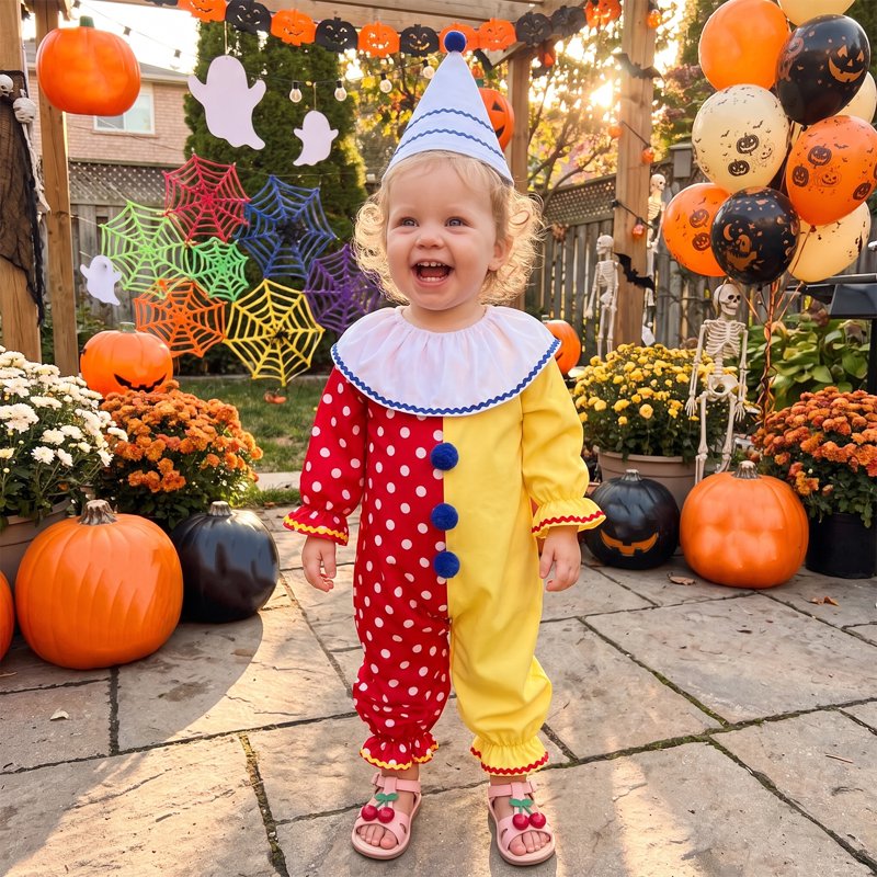 Kids Toddler Clown Costume Set - Red Yellow Romper & Hat for 6-12 Months