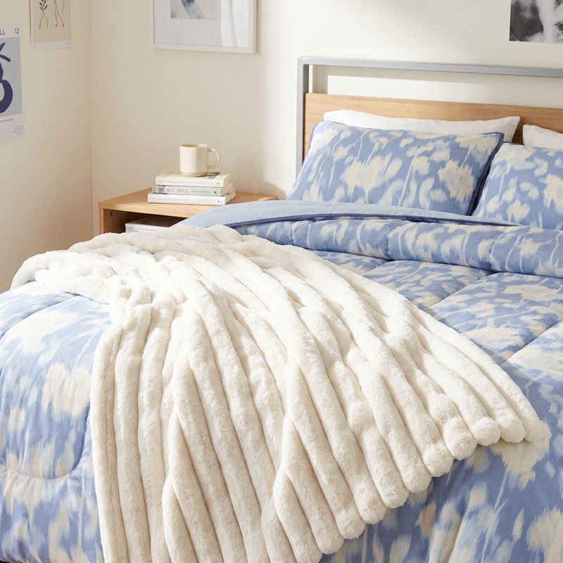 King Faux Fur Blanket - Vanilla Dream Channel Textured Throw, Reversible 102 x 90 in