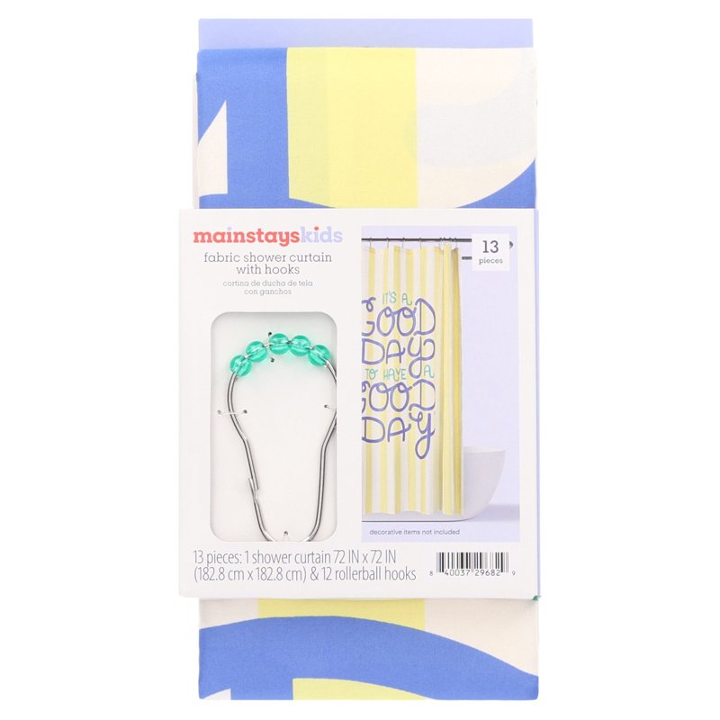 Mainstays Kids Good Day Fabric Shower Curtain with 12 Hooks Set - Multicolor Geo Design, 72x72 Inches