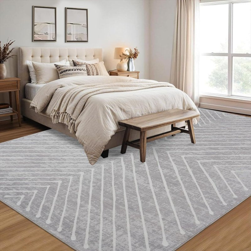 Large Washable Geometric Floor Rug 10x13 Light Grey Non-Slip Indoor Mat