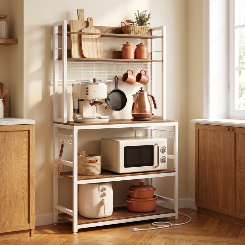 Tall Bakers Rack with Power Outlet - Rustic Walnut & White