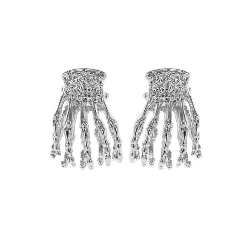 Skeleton Halloween Hair Clip Set - Silver Skull Hand Design, 2 Pieces