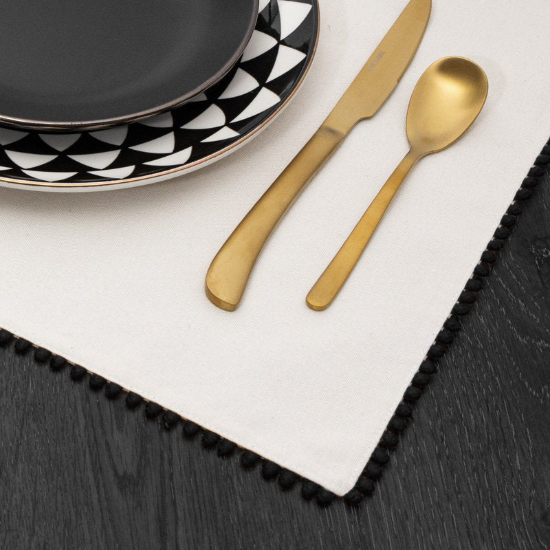 14 x 19 Inch Ivory Placemat with Black Pom Pom Trim - 4 Pack