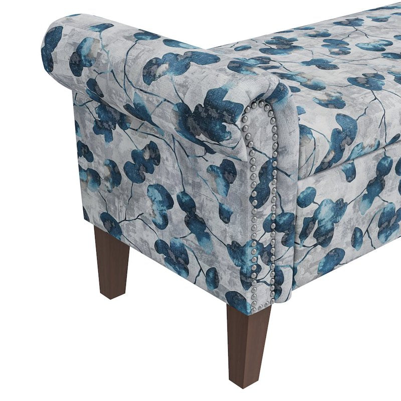 Rolled Arm Storage Ottoman - Blue Floral Bonsai Design