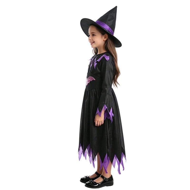 Kids Witch Costume Dress with Bat Accents for Halloween - Purple, Size 10-14 Years